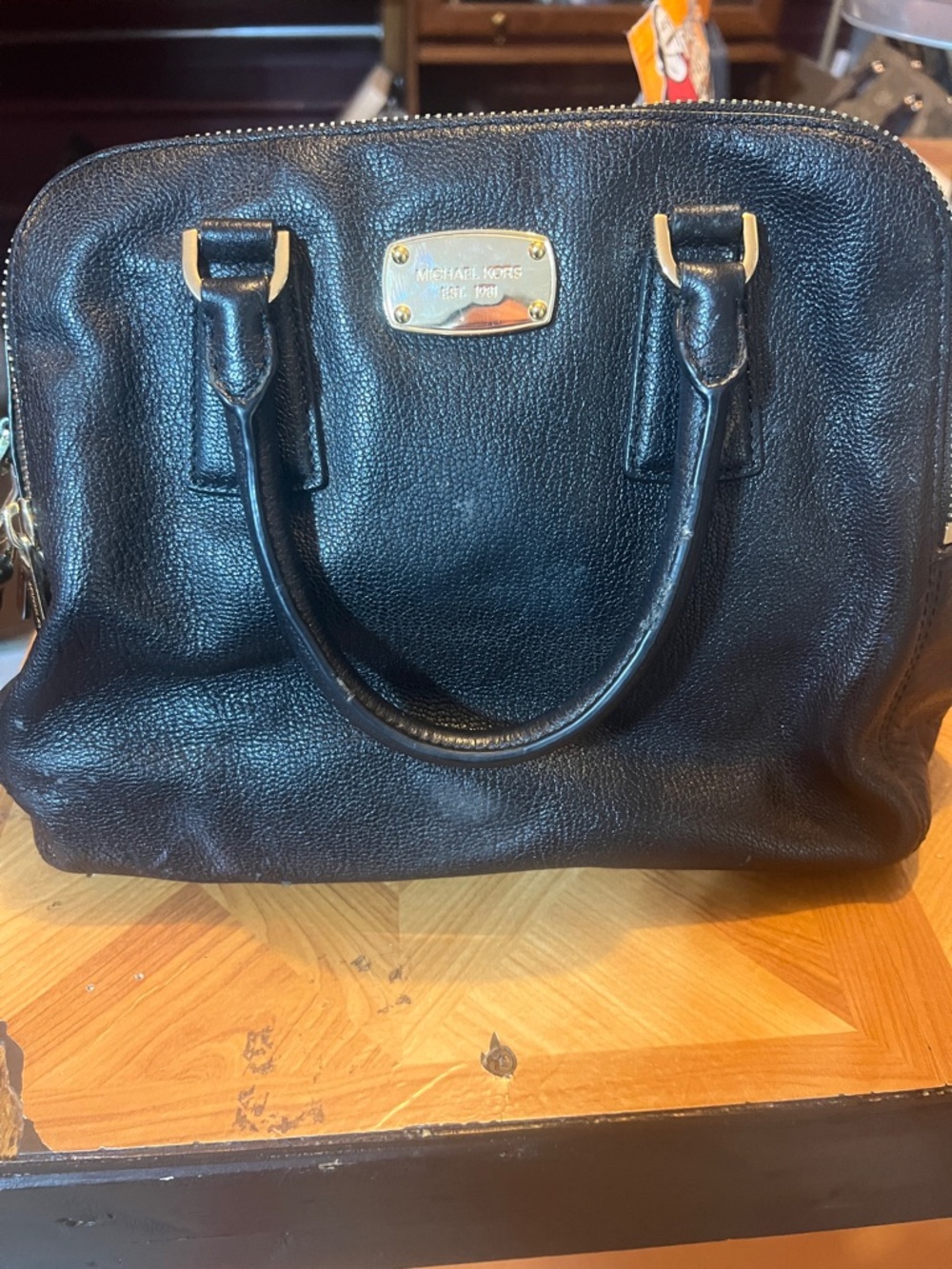 Michael Kors Black Pebbled Leather Dome Satchel with Gold Hardware